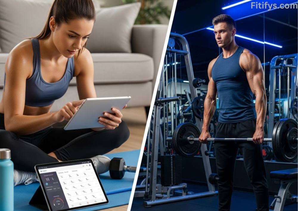 Showing energy and focus. A split-scene image showcases a warmly lit living room where a woman follows a workout on her tablet, using a mat and dumbbells, and a high-energy gym where a man lifts a barbell. The living room scene includes a water bottle and workout timer on the screen.