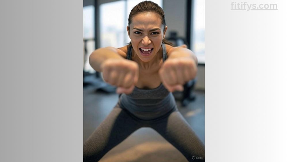 A person in a gym performing an intense 10-minute workout, with fists raised and muscles engaged, wearing a gray sports outfit. The background features gym equipment and large windows, creating a vibrant and motivating atmosphere that highlights improved energy, mood, and reduced stress from sitting all day.
