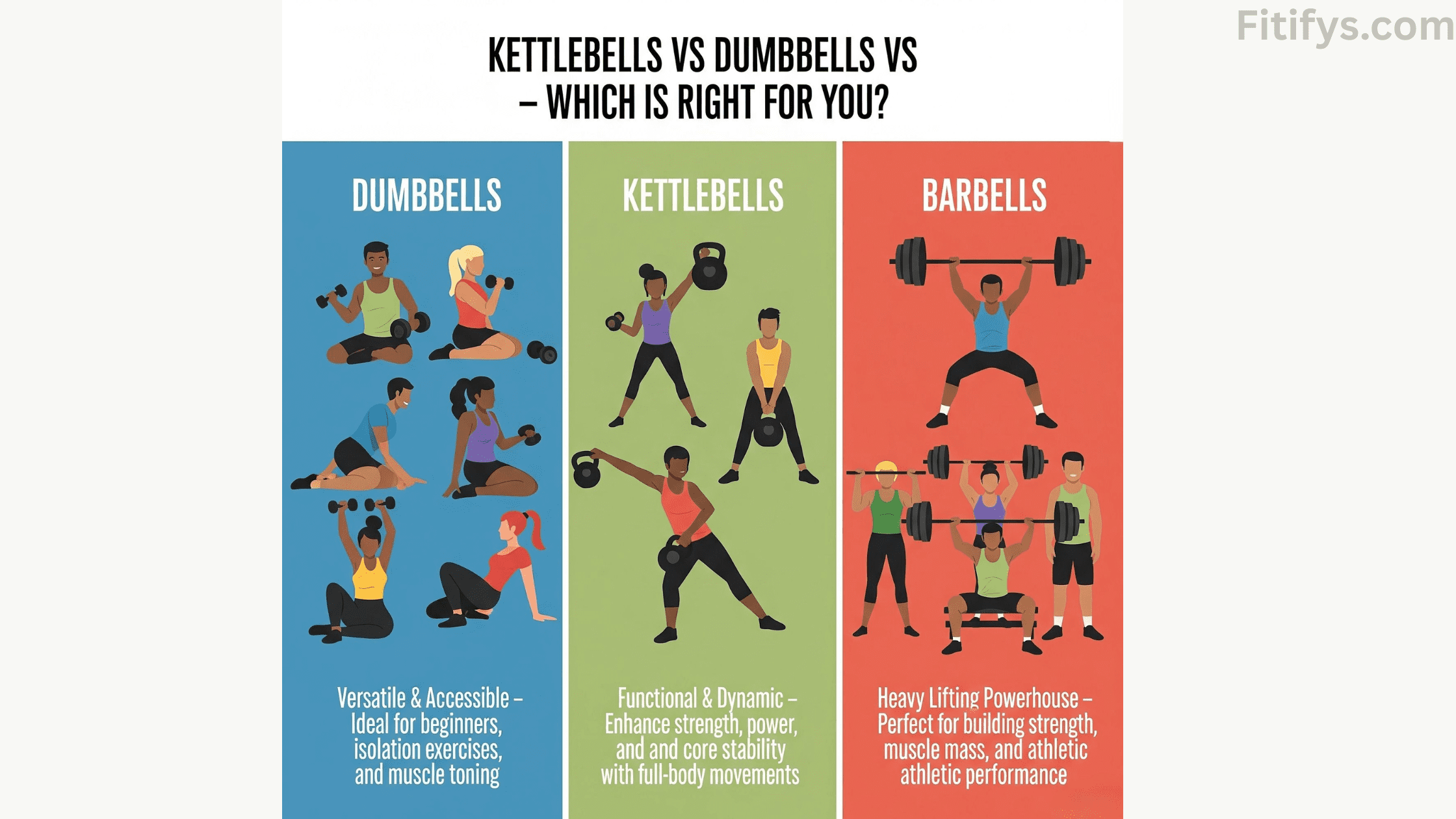"Infographic comparing dumbbells, kettlebells, and barbells for fitness."