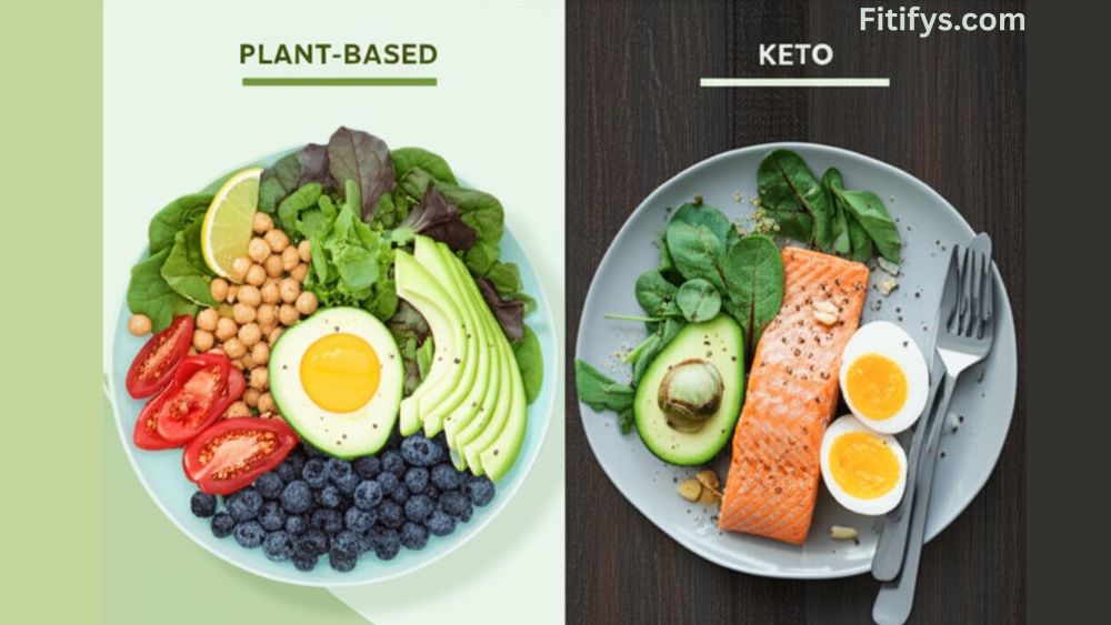 "A split-screen image comparing a plate of plant-based foods (greens, quinoa, avocado, chickpeas, berries) with a plate of keto foods (salmon, eggs, avocado, cheese)."