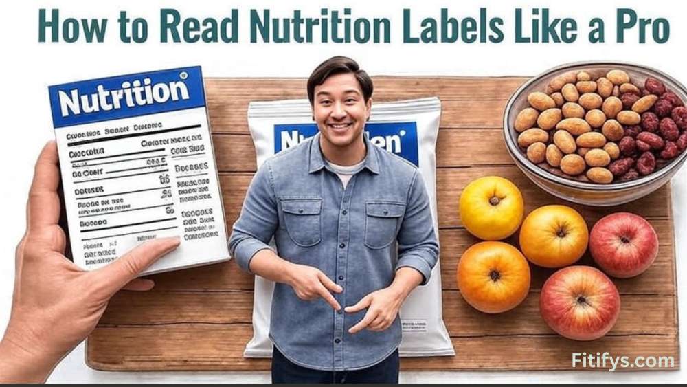 "Alt text: An overhead view of a person holding a packaged food item, such as a snack bar or cereal box, in one hand while pointing at the nutrition label with the other hand. The nutrition label is clearly visible, highlighting sections like Serving Size, Calories, Sugars, Fiber, and Ingredients. In the background, a simple grocery setting features a clean wooden table with whole foods like fruit, nuts, and veggies for contrast. The scene is lit with soft, natural lighting, using a neutral-toned color palette to create a friendly and approachable atmosphere. A minimal, modern title overlay reads 'How to Read Nutrition Labels Like a Pro' in a clean sans-serif font with muted green or blue colors."