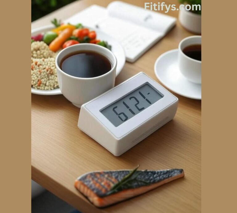 A calm, minimalist flat lay of a wooden kitchen counter featuring a simple clock as the central element, symbolizing time-restricted eating, with the time set to 6:12. Beside the clock is a healthy meal on a white plate, including grilled salmon, roasted veggies, and quinoa. A cup of black coffee and a notepad labeled 'Fasting Tracker' are placed nearby, suggesting planning. The scene is lit with natural light, set against a neutral wooden background with a clean composition. Overlay text in the corner reads 'Intermittent Fasting: Simple, Real-Life Guidance' in a clean sans-serif font with soft blue or muted green colors, reflecting a calm and healthy vibe."