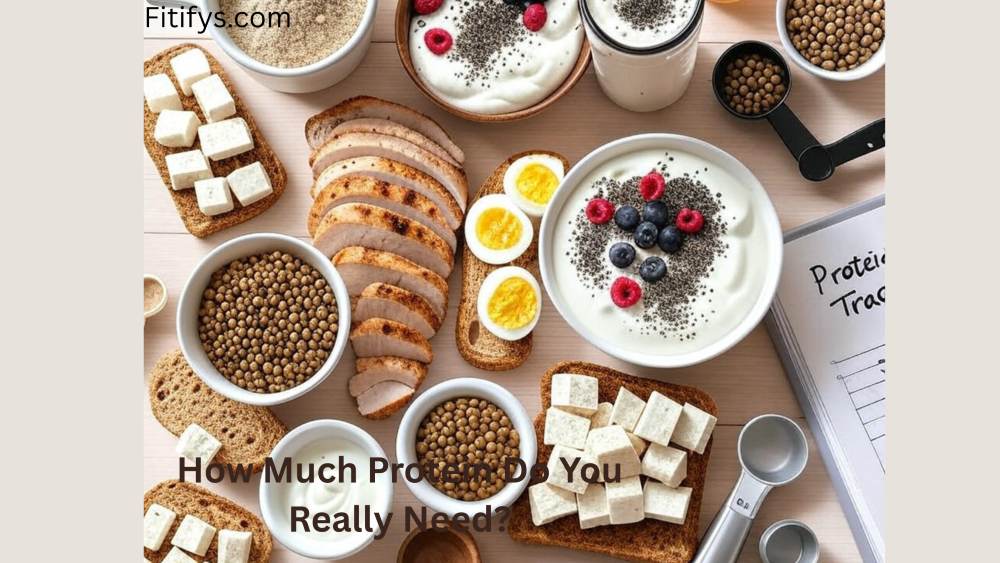 A crisp, contemporary flat-lay image of a high-protein meal setup with a range of carefully arranged foods high in protein on a light wooden surface. A bowl of Greek yoghurt with chia seeds and berries on top, a small bowl of cooked lentils and quinoa, peanut butter spread on whole grain toast, tofu cubes, sliced grilled chicken breast, and a shaker bottle with a scoop of protein powder are all part of the arrangement. A 'Protein Tracker' notebook, a measuring spoon, and a spotless background with natural light are optional extras. With a balanced and well-organized arrangement that features realistic textures and neutral hues, the overall aesthetic is cheery, healthy, and welcoming.A wride How Much Protein Do You Really Need? Fitifys.com name.