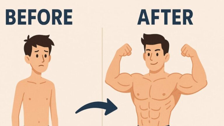 The image you uploaded shows a "Before and After" cartoon illustration. Before: A thin, sad-looking man with little muscle definition. After: A muscular, happy-looking man flexing his biceps, showing a significant increase in muscle mass and confidence. This type of visual is often used in fitness or bodybuilding transformations, typically to suggest improvement through exercise, diet, or a fitness program. If you need help creating a similar transformation image, writing content to match this theme, or making this part of a campaign or webpage, just let me know!