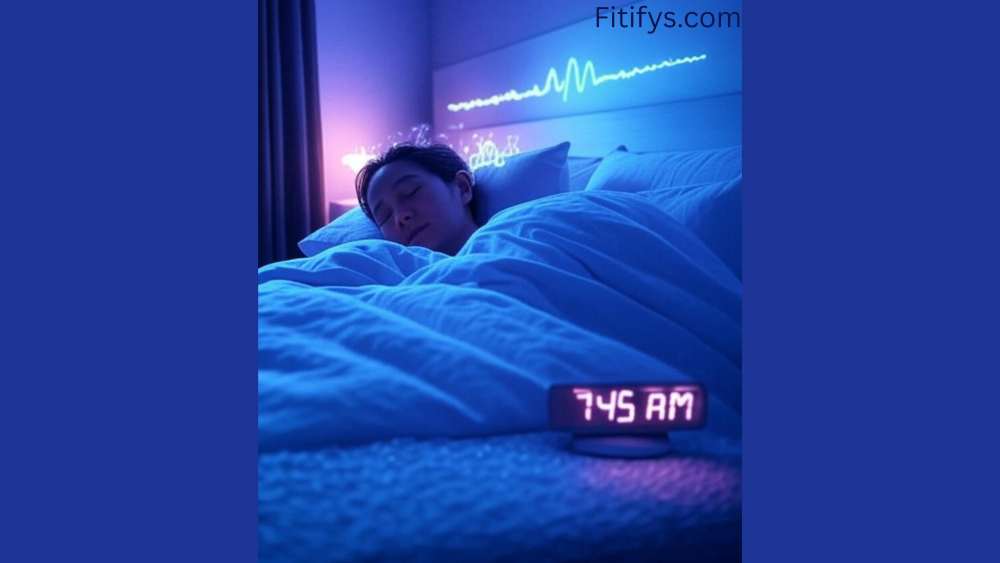 Alt text: A cosy, science-inspired bedroom scene at night with a person sleeping in bed and dreamlike elements such as glowing brainwave patterns and gentle symbols representing the stages of REM, deep sleep, and light sleep. The room is cool blue and purple, with blackout curtains drawn and a glowing digital clock that reads "7:45 AM" on the bedside table. A white noise machine next to a smartphone with the screen down suggests a tech-free sleeping environment. It is ideal for an article that prioritises sleep quality over quantity because of its clear,