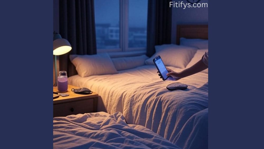 A calm bedroom scene at night with cosy bedding and a well-made bed in a warm, soft lighting environment. With a diffuser softly steaming lavender essential oil, blackout curtains drawn, a book, a glass of water, and a sleep mask close by—all suggesting a sleep checklist—a person is seen shutting off a smartphone and setting it on the nightstand. The semi-realistic, serene, and clean style is perfect for a digital illustration or lifestyle photo.