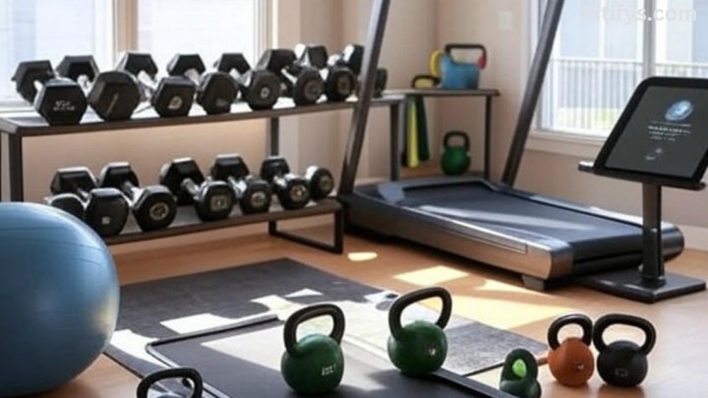 A clean, modern home workout space with bright natural lighting and minimalistic decor featuring wooden or rubber flooring. The scene showcases a curated selection of 2025 fitness gear, including adjustable dumbbells, resistance bands, a foldable treadmill or under-desk walking pad, a smart fitness mirror or screen, a yoga mat, kettlebells, a foam roller, and a stability ball. Subtle smart tech elements like a fitness tracker and app interface on a tablet are visible. Style is a sleek, semi-realistic digital illustration or lifestyle photo highlighting a high-end, efficient home gym setup.