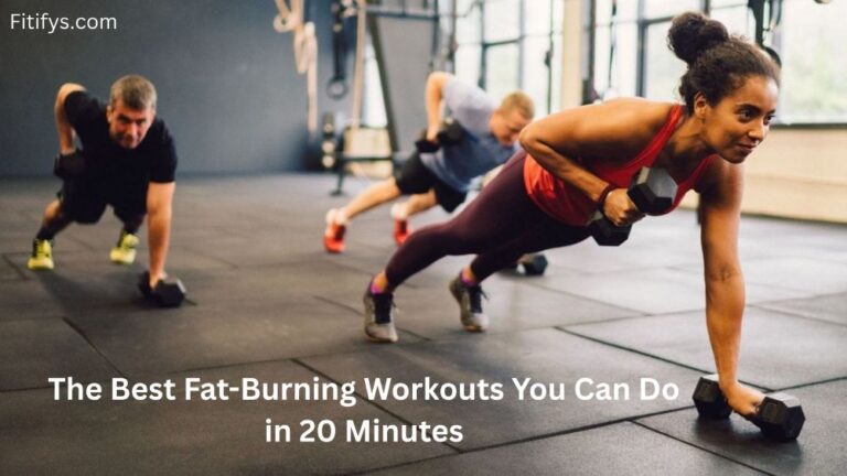 In a gym, three individuals show strength and concentration while completing a strenuous dumbbell plank row exercise. The session is being led by the woman in the front, who is dressed in a red tank top. The image's text says, "The Best Fat-Burning Workouts You Can Do in 20 Minutes," and the website Fitifys.com is displayed in the corner.