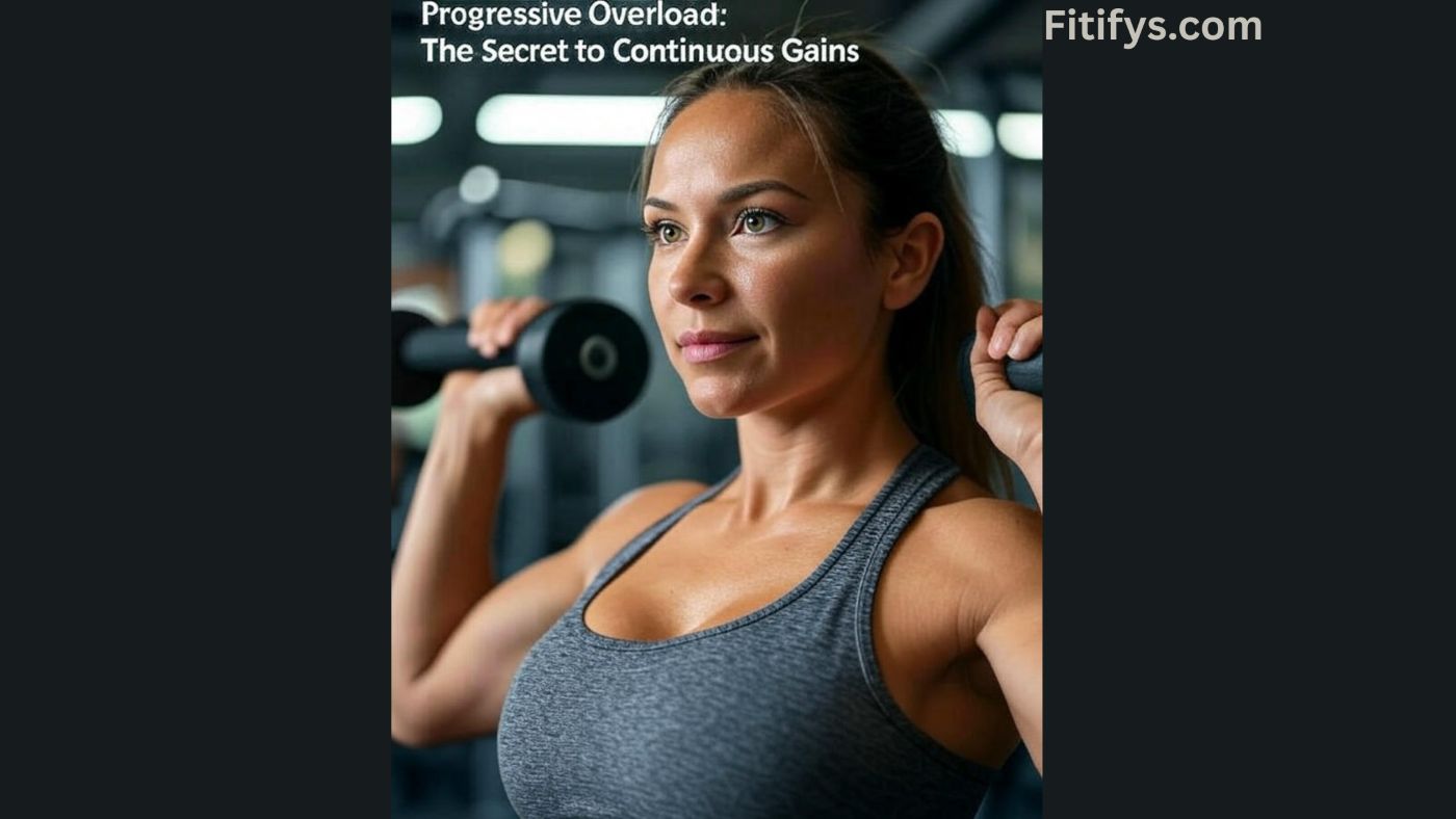 "Progressive Overload: The Secret to Continuous Gains" featuring a confident woman lifting weights in a gym. She is shown in a side profile, holding dumbbells with a focused expression, wearing a gray sports bra and leggings. The background includes gym equipment, with soft lighting highlighting her improving strength and posture over time, symbolizing continuous gains through progressive overload.