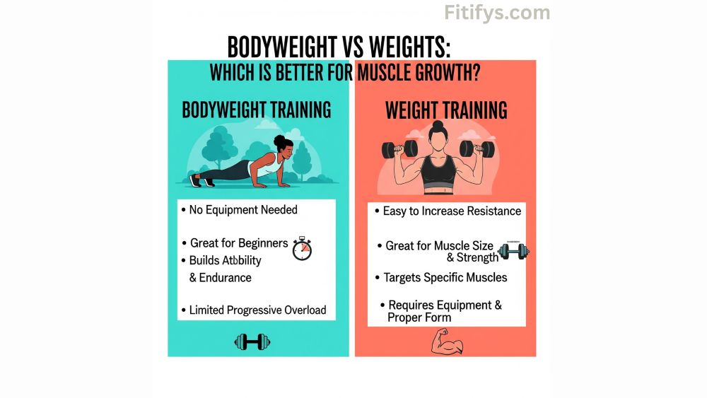 "'Bodyweight vs. Weights: Which Is Better for Muscle Growth?'" is a side-by-side infographic. The captions for the left panel's image of a person performing bodyweight training push-ups read, "No equipment needed," "Great for beginners," "Builds stability and endurance," and "Limited progressive overload." Dumbbell lifting (weight training) is depicted in the right panel with the following captions: "Easy to increase resistance," "Great for muscle size & strength," "Targets specific muscles," and "Requires equipment & proper form." Coral, turquoise, and light neutral hues are used in the design.
