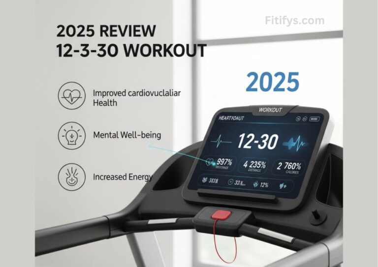 The overall impression is of a tech-integrated approach to fitness tracking and understanding workout benefits in the year 2025. Option 2 (Concise): Treadmill console showing "12-30" with icons indicating benefits like cardiovascular health, mental well-being, and increased energy in a 2025 review. Option 3 (Brief): 2025 review of the 12-3-30 workout on a treadmill display.