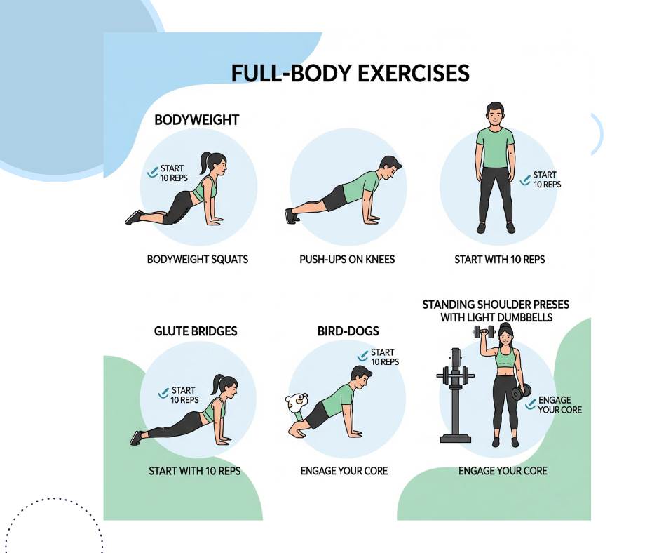 "Illustration of a full-body workout guide featuring six exercises with labels and reps. The exercises include bodyweight squats, push-ups on knees, standing bodyweight posture, glute bridges, bird-dogs, and standing shoulder presses with light dumbbells. Each exercise suggests starting with 10 reps and emphasizes engaging the core. The image uses colorful background shapes and simple fitness illustrations."