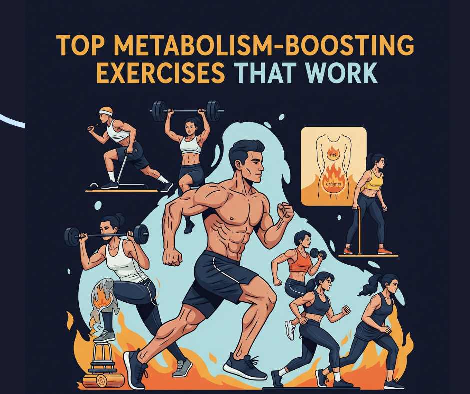 "A dynamic digital illustration showing a muscular male athlete engaging in a variety of metabolism-boosting activities, including interval sprints, weight training, and plyometrics. In addition to subtle graphical elements that allude to sweating and calorie burning, the image conveys fitness through dynamic composition and vibrant colours.