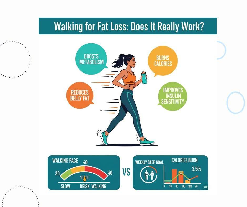 Infographic titled "Walking for Fat Loss: Does It Really Work?" featuring a woman walking briskly with a water bottle. Surrounding her are benefits of walking: boosts metabolism, reduces belly fat, burns calories, and improves insulin sensitivity. The bottom section shows a speed gauge comparing slow vs. brisk walking and a chart linking weekly step goals to calories burned, highlighting improved fat loss with increased walking intensity and consistency.