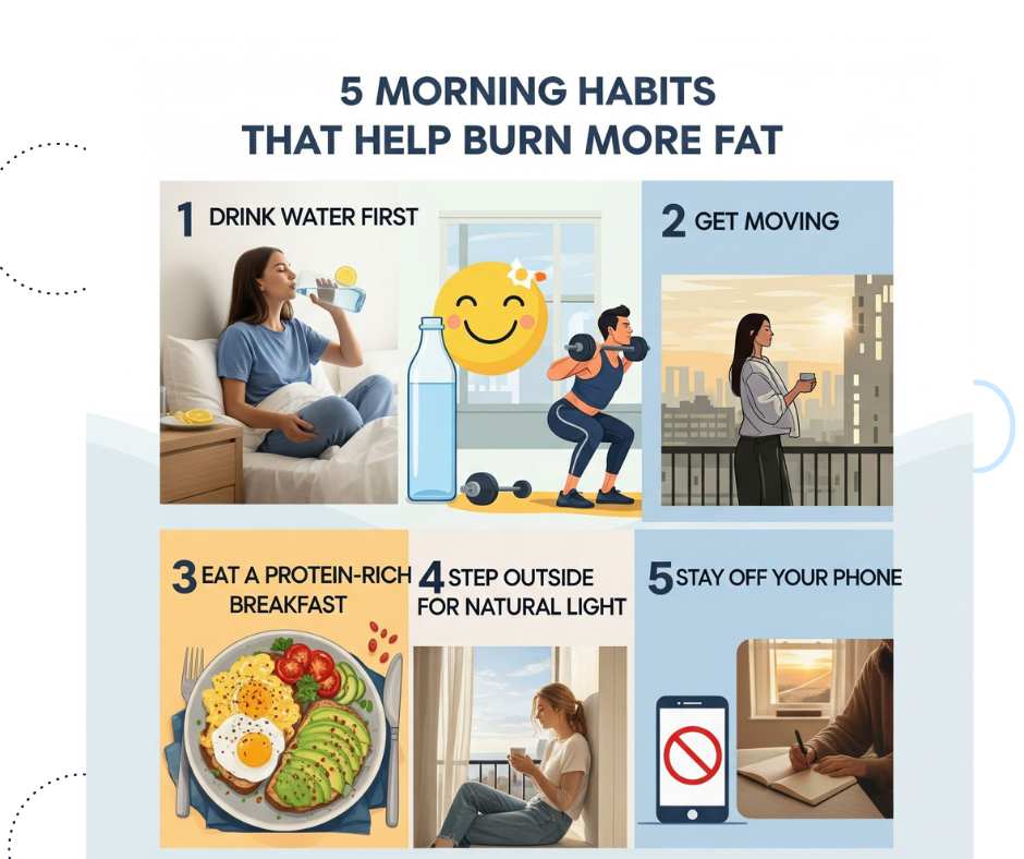 "Infographic titled '5 Morning Habits That Help Burn More Fat' featuring five illustrated tips: 1) Drink water first – a woman drinking water in bed, 2) Get moving – a man lifting weights and a woman walking with a coffee, 3) Eat a protein-rich breakfast – a plate with eggs, avocado, and vegetables, 4) Step outside for natural light – a woman enjoying sunlight with a drink, and 5) Stay off your phone – an image of a phone with a no symbol and a person journaling."