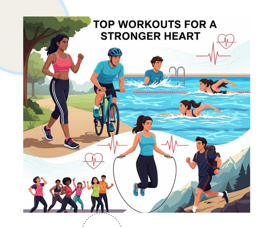 Illustration titled "Top Workouts for a Stronger Heart," showing diverse people performing various heart-healthy exercises. Activities include walking in a park, cycling, swimming laps in a pool, jumping rope, hiking on a mountain trail, and participating in a group aerobic dance class. Heartbeat and heart icons are scattered throughout, symbolizing cardiovascular health.