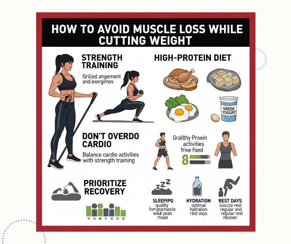"An infographic titled 'How to Avoid Muscle Loss While Cutting Weight' with illustrations and tips. It includes five key points: 1) Strength Training – perform resistance exercises, 2) High-Protein Diet – eat foods like chicken, tofu, eggs, and Greek yogurt, 3) Don’t Overdo Cardio – balance with strength training, 4) Prioritize Recovery – ensure quality sleep, proper hydration, and regular rest days. Each tip is supported by visual icons of food, exercise, and recovery symbols."