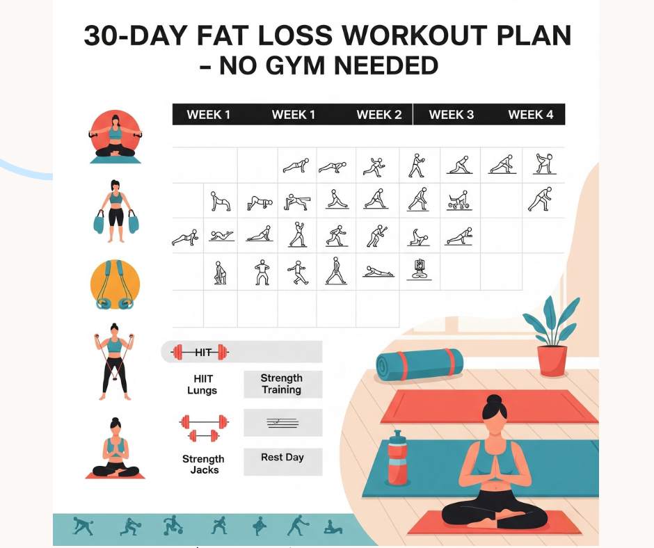 "Simple, half-lifelike digital infographic showing a 30-day fat loss schedule with plank, lunge, push-up, and jumping jack icons. Using orange, red, and teal hues, it features a progressive timeline (Week 1-4) with icons for HIIT, strength, and rest days, all set in a cheerful home setting with a yoga mat and water bottle.