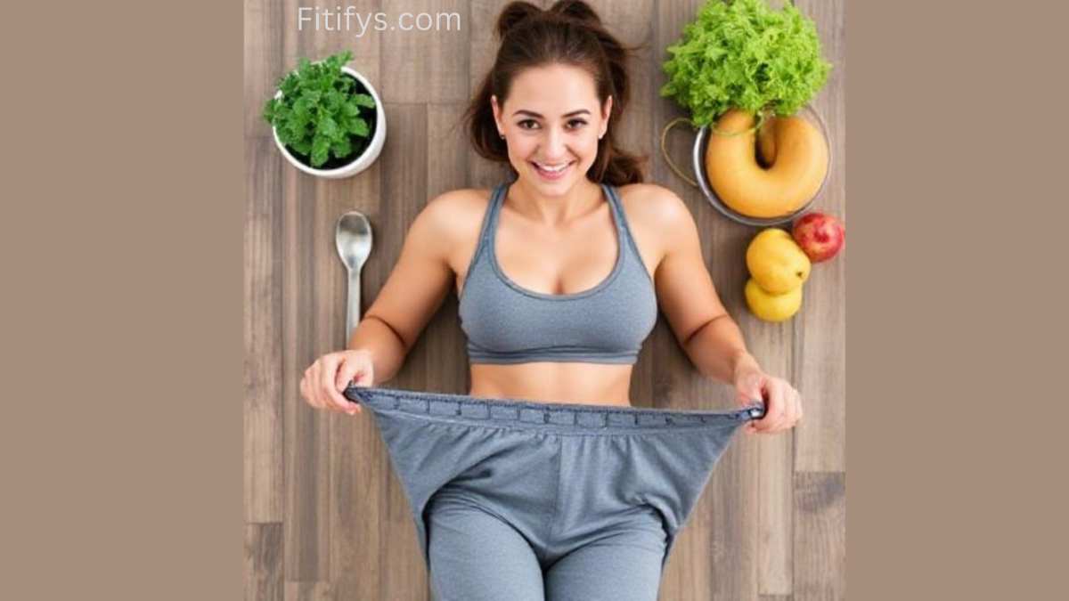 “Smiling woman in fitness wear holding out loose pants to show weight loss success, surrounded by healthy fruits and vegetables on a wooden floor – Fitifys.com branding”