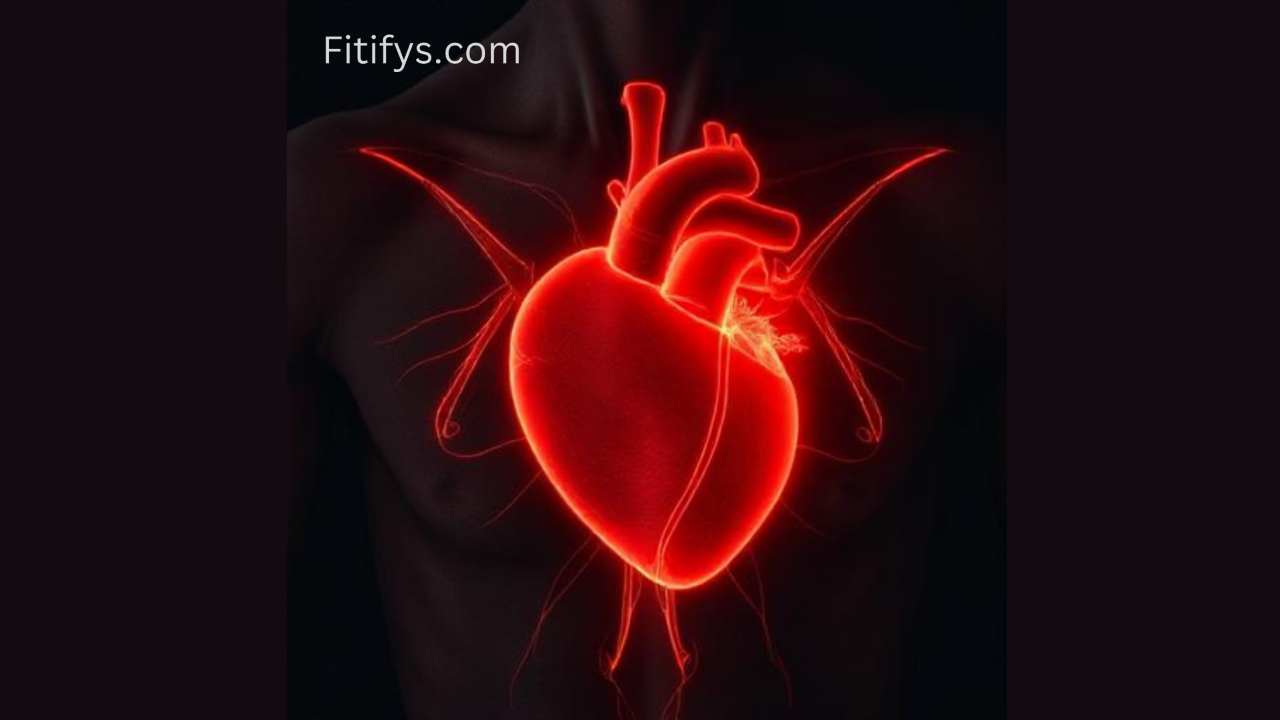 “Glowing red anatomical heart illustration overlaid on a human chest, symbolizing cardiovascular function and heart health – Fitifys.com branding”