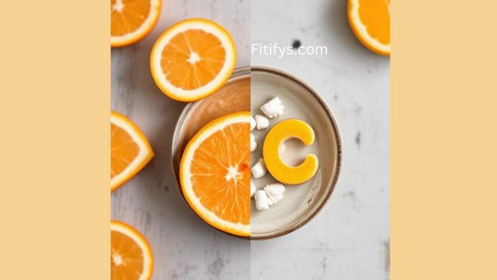“Split image showing fresh orange slices on one side and a bowl with Vitamin C supplements and a large letter C on the other, with Fitifys.com branding”