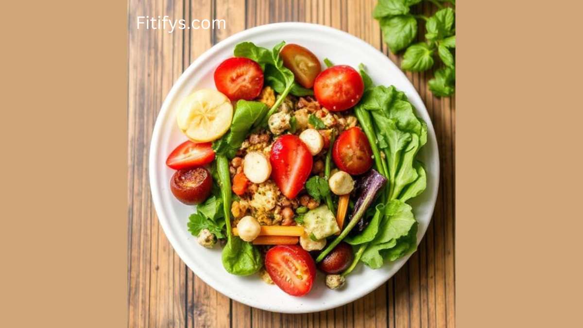 "Colorful healthy salad bowl with cherry tomatoes, leafy greens, banana slices, cheese balls, and mixed vegetables on a wooden table, branded with Fitifys.com"