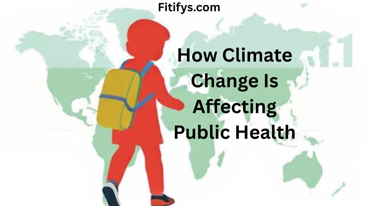 An illustration of a red silhouette of a child with a yellow backpack walking across a light green world map. The text reads “How Climate Change Is Affecting Public Health” with the website name “Fitifys.com” at the top.
