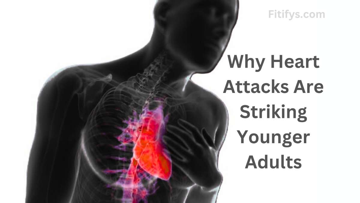 A digitally rendered image of a person clutching their chest, with a highlighted red and pink heart visible through a semi-transparent ribcage, symbolizing a heart attack. Text on the right reads: “Why Heart Attacks Are Striking Younger Adults,” and the image is branded with “Fitifys.com” at the top.