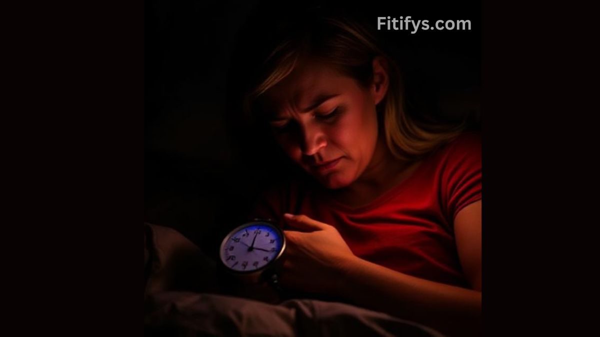 “Woman lying awake in bed at night, looking concerned while holding a glowing clock, with Fitifys.com text in the corner” Should You Worry About High Blood Pressure at Night?