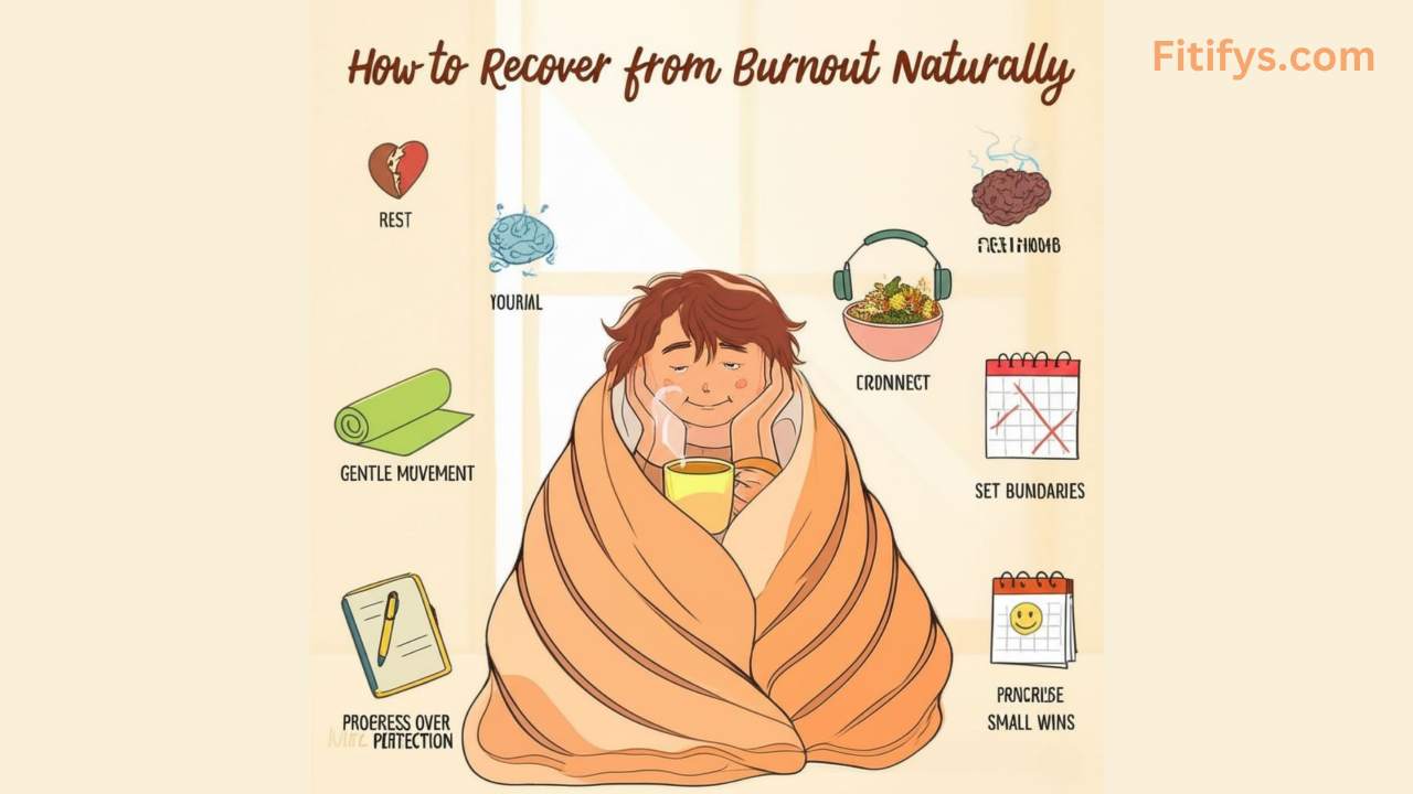 Illustration of a person wrapped in a blanket holding a warm drink, surrounded by wellness icons with tips on how to recover from burnout naturally. Tips include: rest, journal, gentle movement, progress over perfection, connect with others, nourish your body, set boundaries, and prioritize small wins. The image is titled "How to Recover from Burnout Naturally" with "Fitifys.com" in the top right corner.
