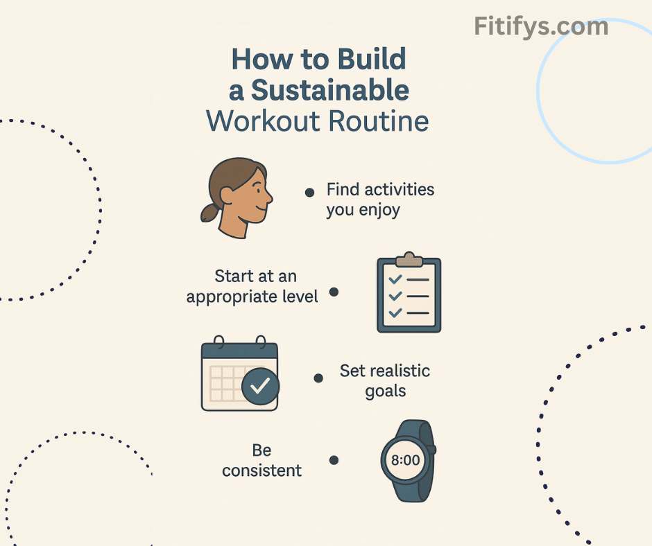 "Infographic titled 'How to Build a Sustainable Workout Routine' from Fitifys.com. It features tips including: find activities you enjoy (with an illustration of a smiling woman), start at an appropriate level (calendar icon), set realistic goals (checklist icon), and be consistent (smartwatch icon showing 8:00). The background has a soft beige color with dotted design accents."