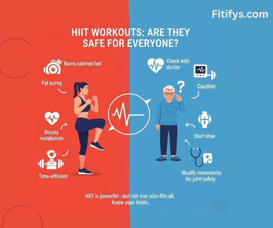 "Infographic titled 'HIIT Workouts: Are They Safe for Everyone?' split into two sides. The left side shows a young woman doing high knees, highlighting benefits of HIIT: burns calories fast, boosts metabolism, fat burning, and time efficiency. The right side shows an older man with caution icons, suggesting to check with a doctor, start slow, and modify exercises for joint safety. The bottom message reads: 'HIIT is powerful—but not one-size-fits-all. Know your limits.' Fitifys.com is displayed at the top right." Let me know if you’d like a version optimized for SEO or accessibility.
