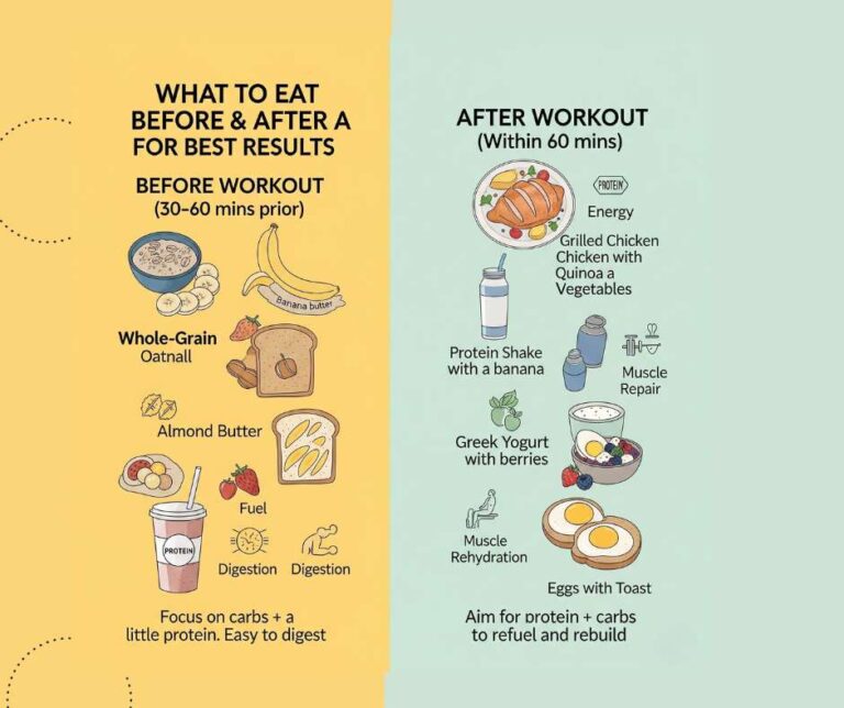 "Infographic showing what to eat before and after a workout for best results. The 'Before Workout' section (30–60 mins prior) includes whole-grain oatmeal, banana, almond butter, toast, and a protein smoothie, emphasizing carbs with a little protein for easy digestion. The 'After Workout' section (within 60 mins) includes grilled chicken with quinoa and vegetables, a protein shake with a banana, Greek yogurt with berries, and eggs with toast—focusing on protein and carbs for muscle repair, energy, and rehydration."