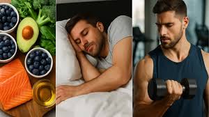 Healthy lifestyle essentials for men — nutritious foods, quality sleep, and strength training to boost energy and well-being.