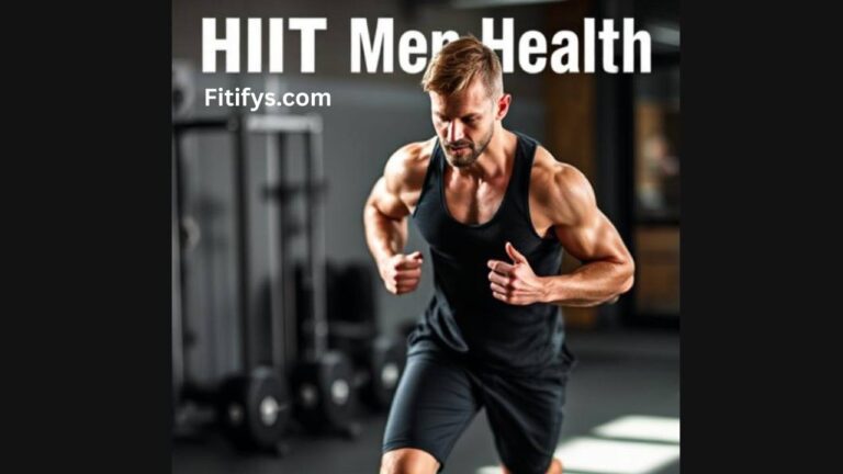 Muscular man in a black tank top performing a high-intensity interval training (HIIT) workout indoors, with the text “HIIT Men Health” and “Fitifys.com” displayed above.