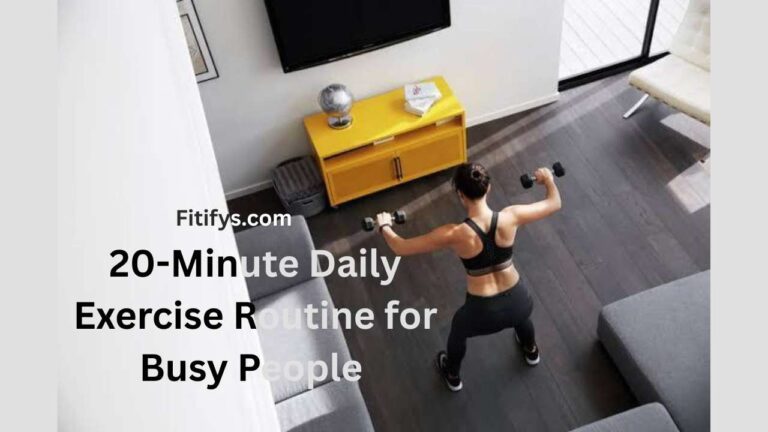 Overhead view of a woman in workout clothes performing a dumbbell shoulder press in a modern living room. Text on the image reads: "Fitifys.com – 20-Minute Daily Exercise Routine for Busy People." A bright yellow TV stand, television, and natural light from large windows are visible in the background.