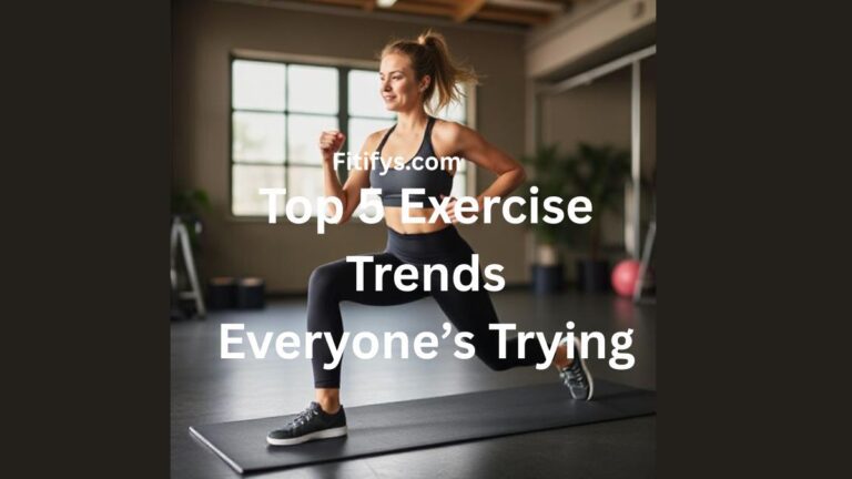 A young woman in athletic wear performing a lunge exercise on a yoga mat inside a gym, with the text “Fitifys.com – Top 5 Exercise Trends Everyone’s Trying” overlaid on the image.