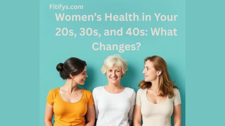 Three women of different ages smiling together against a teal background, representing women’s health across life stages. Text reads: “Fitifys.com – Women’s Health in Your 20s, 30s, and 40s: What Changes?”
