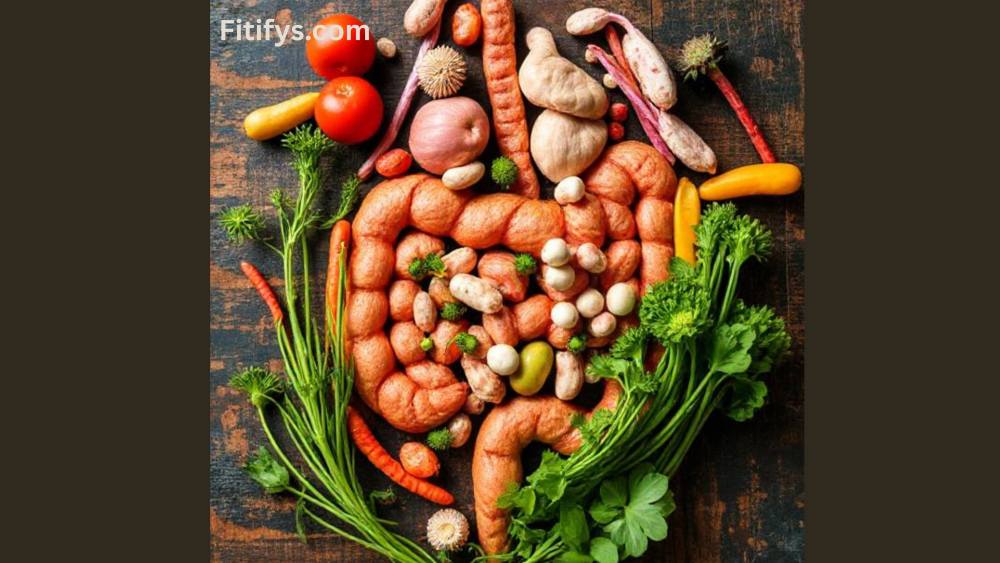 An artistic arrangement of vegetables such as tomatoes, carrots, mushrooms, beans, and leafy greens shaped like the human digestive system, symbolizing gut health, with the text “Fitifys.com” at the top.