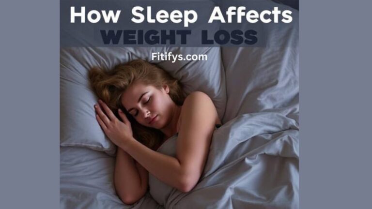 A woman sleeping peacefully in bed under gray blankets, with the text “How Sleep Affects Weight Loss"