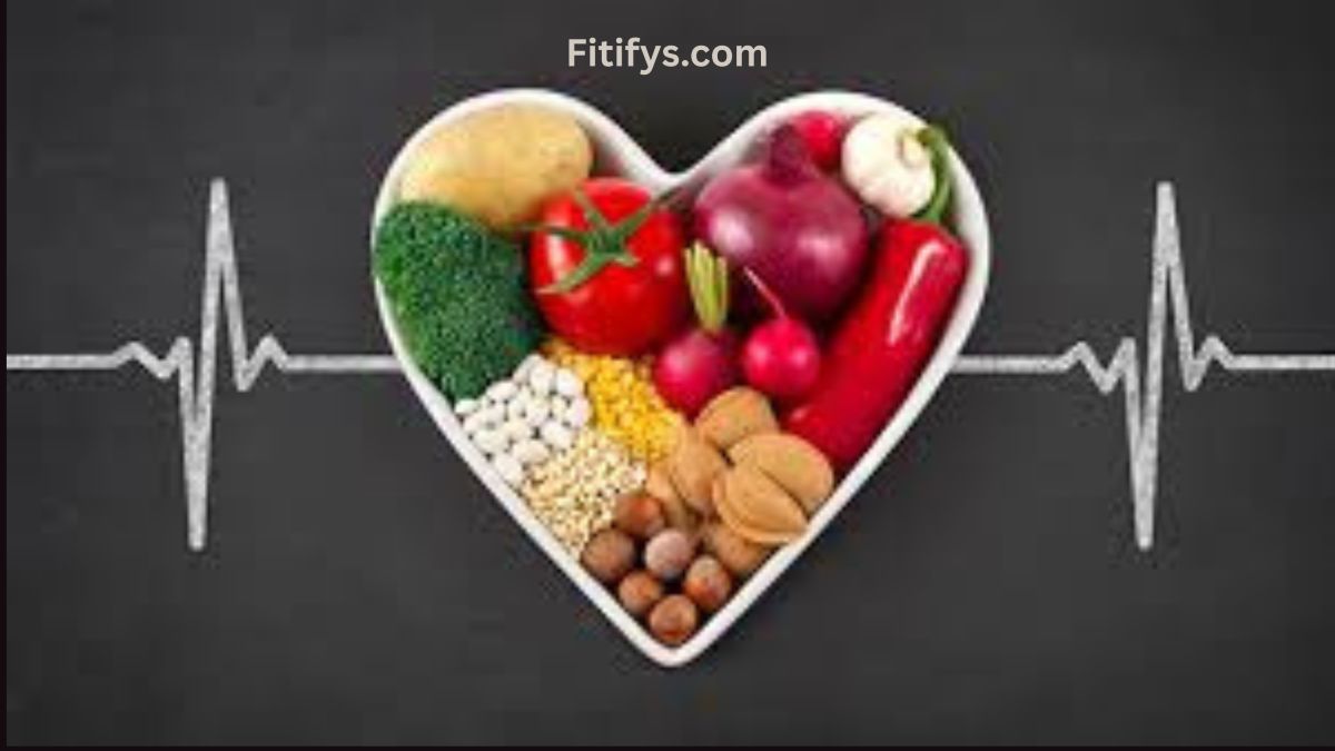 A heart-shaped bowl filled with healthy foods including vegetables, beans, nuts, and grains, placed on a black background with a white heartbeat line drawn across it, symbolizing heart health and nutrition.