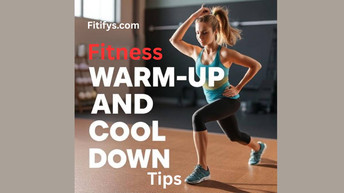 A woman in workout clothes performs a dynamic lunge stretch in a gym. Large bold text on the image reads: "Fitifys.com - Fitness Warm-Up and Cool Down Tips."