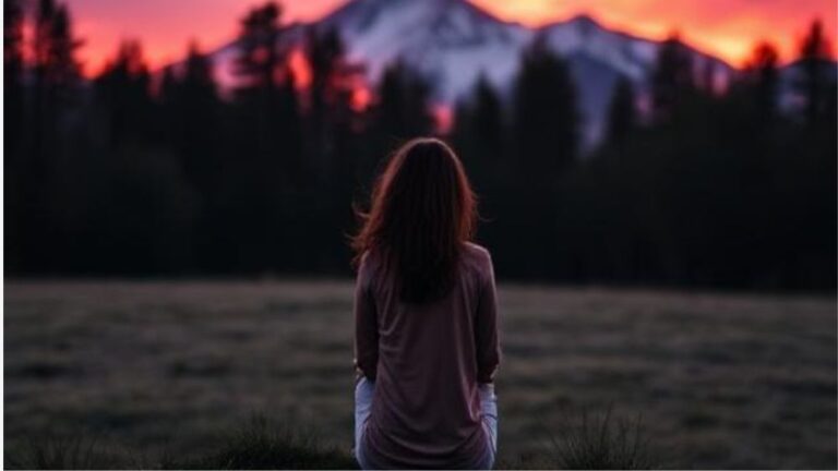 A woman sits peacefully in a meadow, gazing at a mountain peak under a breathtaking pink and purple sunset sky — a moment of calm, reflection, and connection with nature.