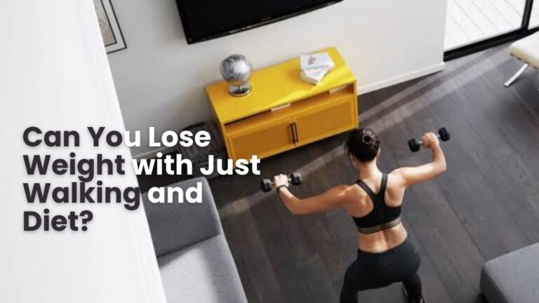 Woman exercising indoors with dumbbells in a modern living room, with the text “Can You Lose Weight with Just Walking and Diet?” displayed beside her.