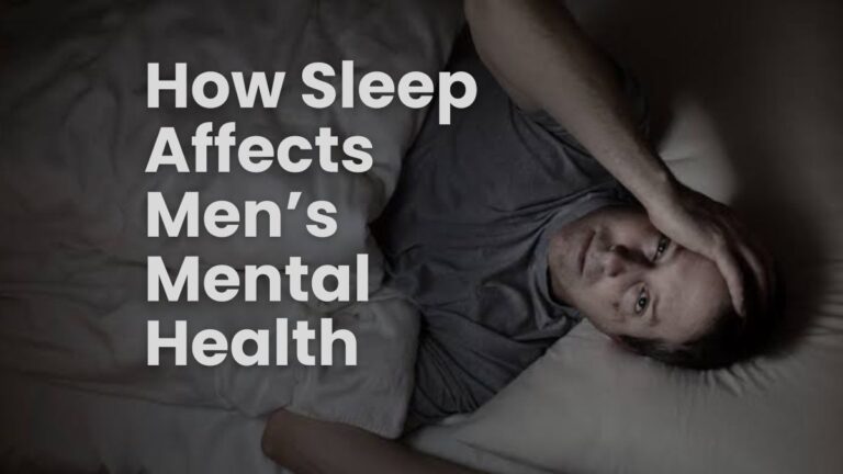Man lying awake in bed with a tired expression, resting one hand on his forehead, alongside the text “How Sleep Affects Men’s Mental Health.”