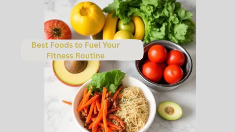 "Fresh fruits, vegetables, avocado, and a healthy noodle bowl arranged on a kitchen counter, showcasing the best foods to fuel your fitness routine and support energy for workouts."