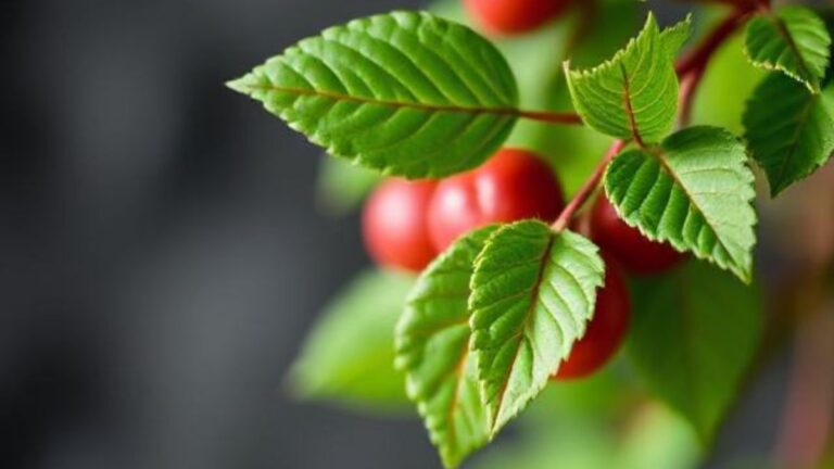 "Close-up of bright red berries with fresh green leaves on a branch, representing natural sources of antioxidants that support overall health and disease prevention."