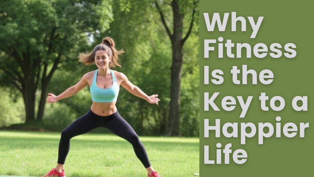 Smiling woman exercising outdoors in a green park, wearing a turquoise sports bra and black leggings, with the text “Why Fitness Is the Key to a Happier Life.”