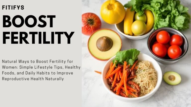 "Healthy fertility-boosting foods including avocado, tomatoes, bananas, apples, and a balanced meal bowl, representing natural ways to boost fertility for women through fitness routine, nutrition, and exercise."