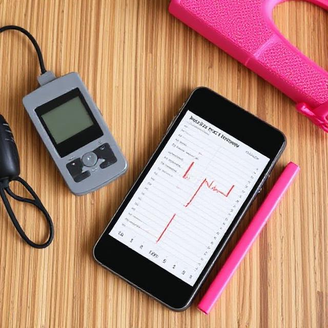 "Smartphone displaying a workout progress graph alongside a fitness tracker, pink pen, and hand grip, representing effective ways to track your exercise progress and improve your fitness routine."